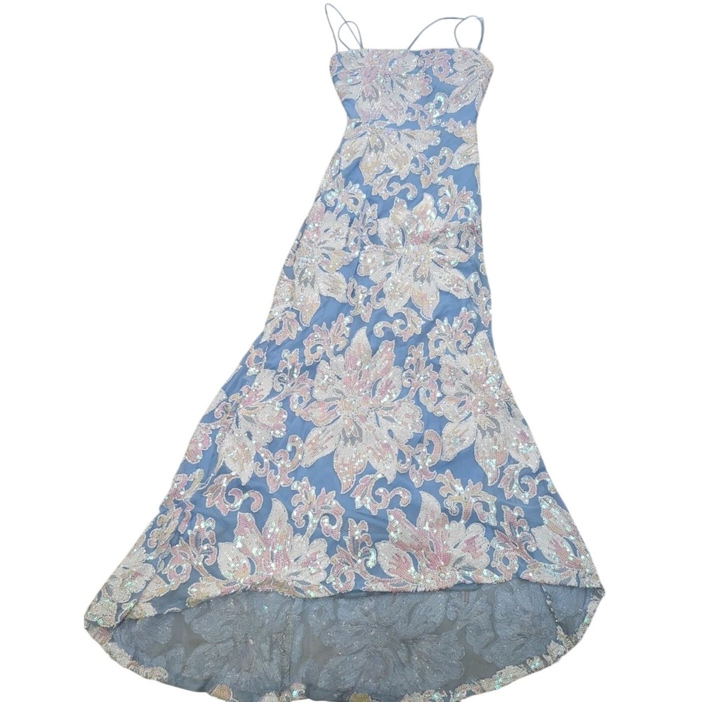 B. Darlin Sequin Floral Prom Dress Gown Blue Pink Iridescent Shimmer 11/12 Maxi